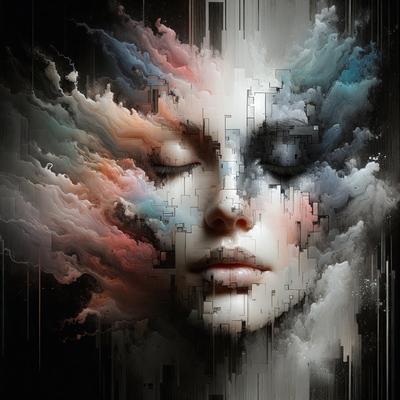 The primary subject of the image is a woman's face, which is the main focus of the image. The setting is a black and white background, giving the image a classic and timeless feel. The visual style is a combination of digital art and illustration, creating a unique and artistic representation of the woman's face. The colors and mood of the image are predominantly black and white, with a touch of pink, giving it a dramatic and striking appearance.